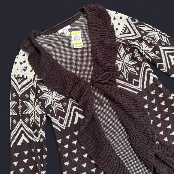 NWT Style & Co Brown & Cream Winter Pattern Crochet Ruffled Bell Sleeve Cardigan - Picture 7 of 8